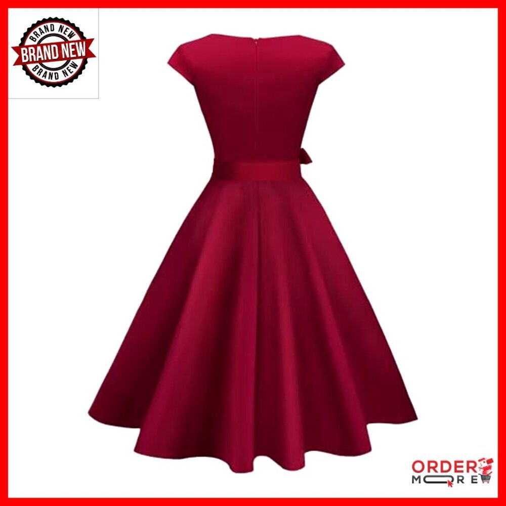 Vintage V-Neck Cocktail Dress with Pockets, Short Sleeves, Detachable Belt - Picture 3 of 6